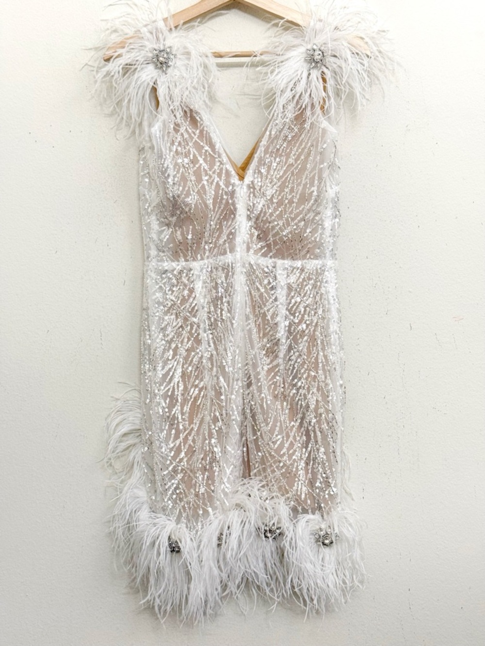NADINE MERABI  Mila White Feather Sequin Ivory Mini Dress with Nude Slip Sz S - Picture 15 of 17